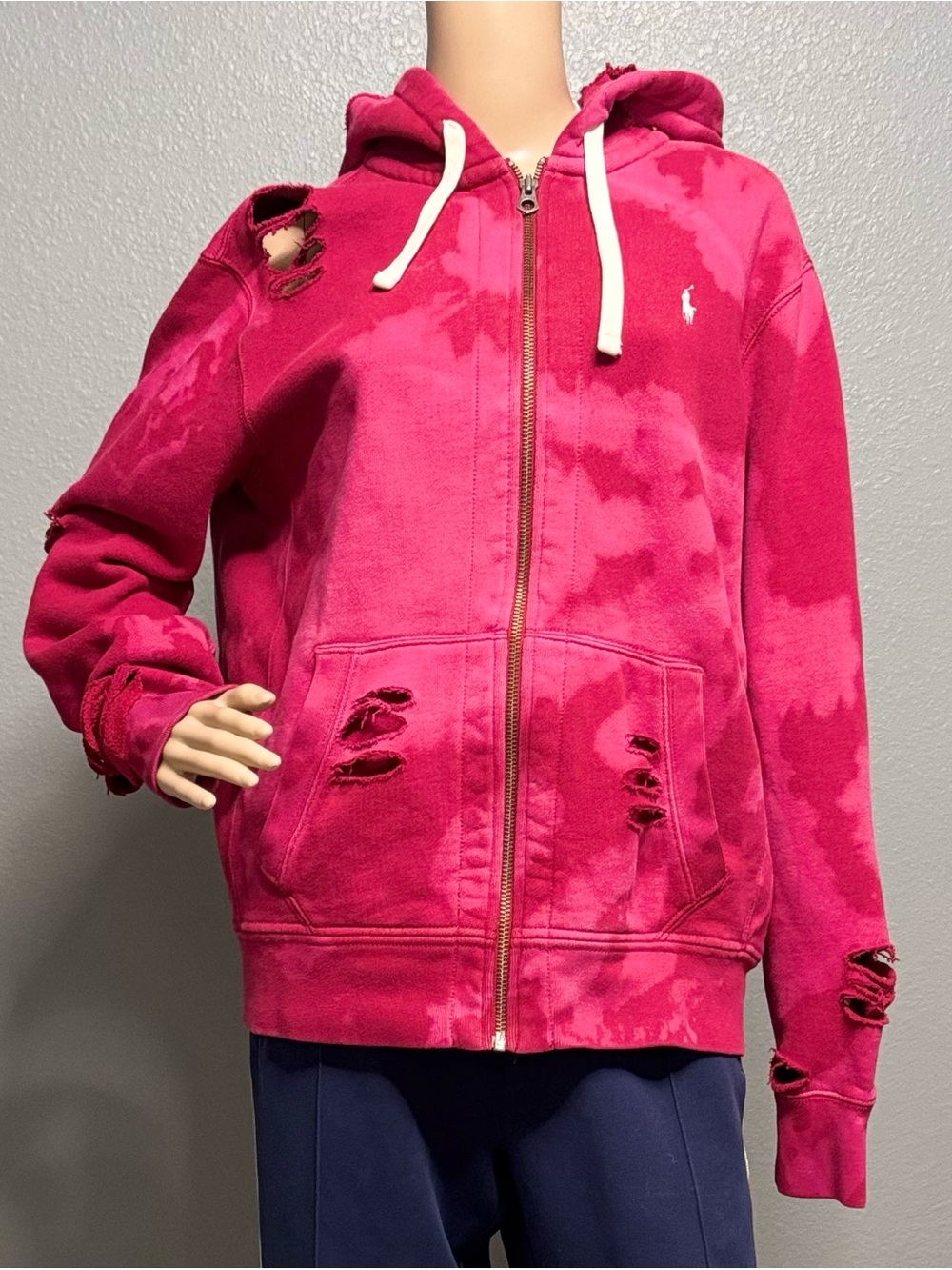 Polo Ralph Lauren Distressed Bleach Tie-Dye Full Zip Hoodie Jacket Size L